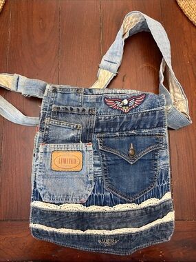 Beautiful Upcycled Denim Crossbody Bag with patches and patterns